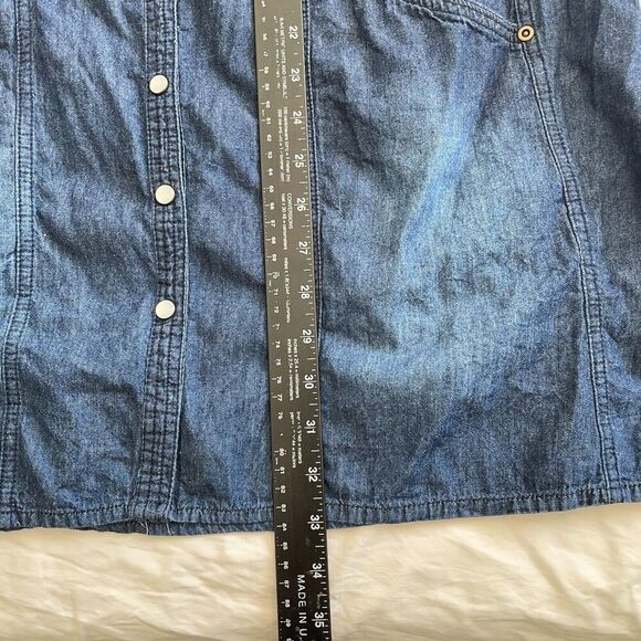 Ellos Western Denim Midi Dress Sz S/M Pearl Button Roll Tab Peasant Cottagecore - Picture 13 of 14